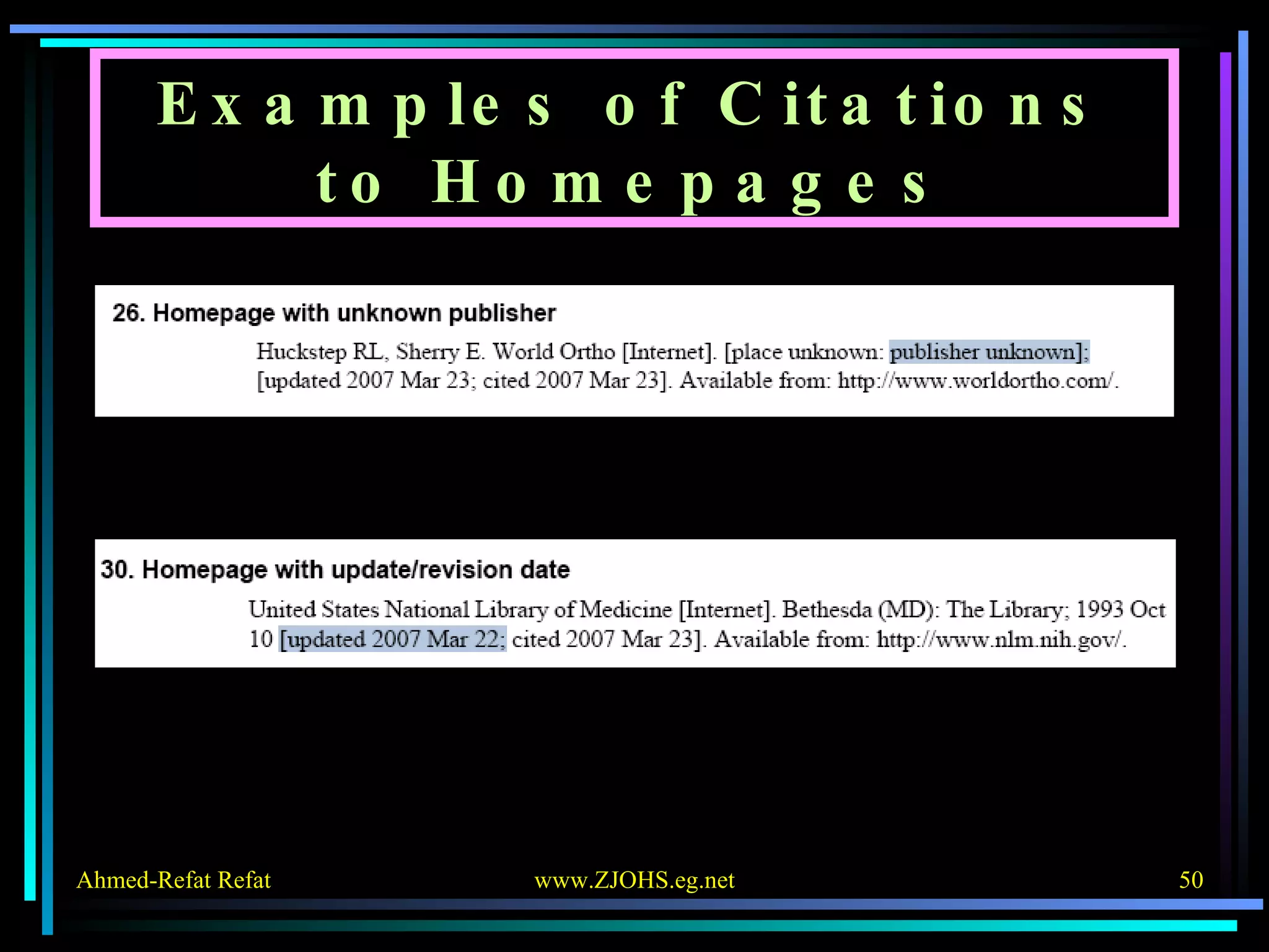 Examples of Citations to Homepages 