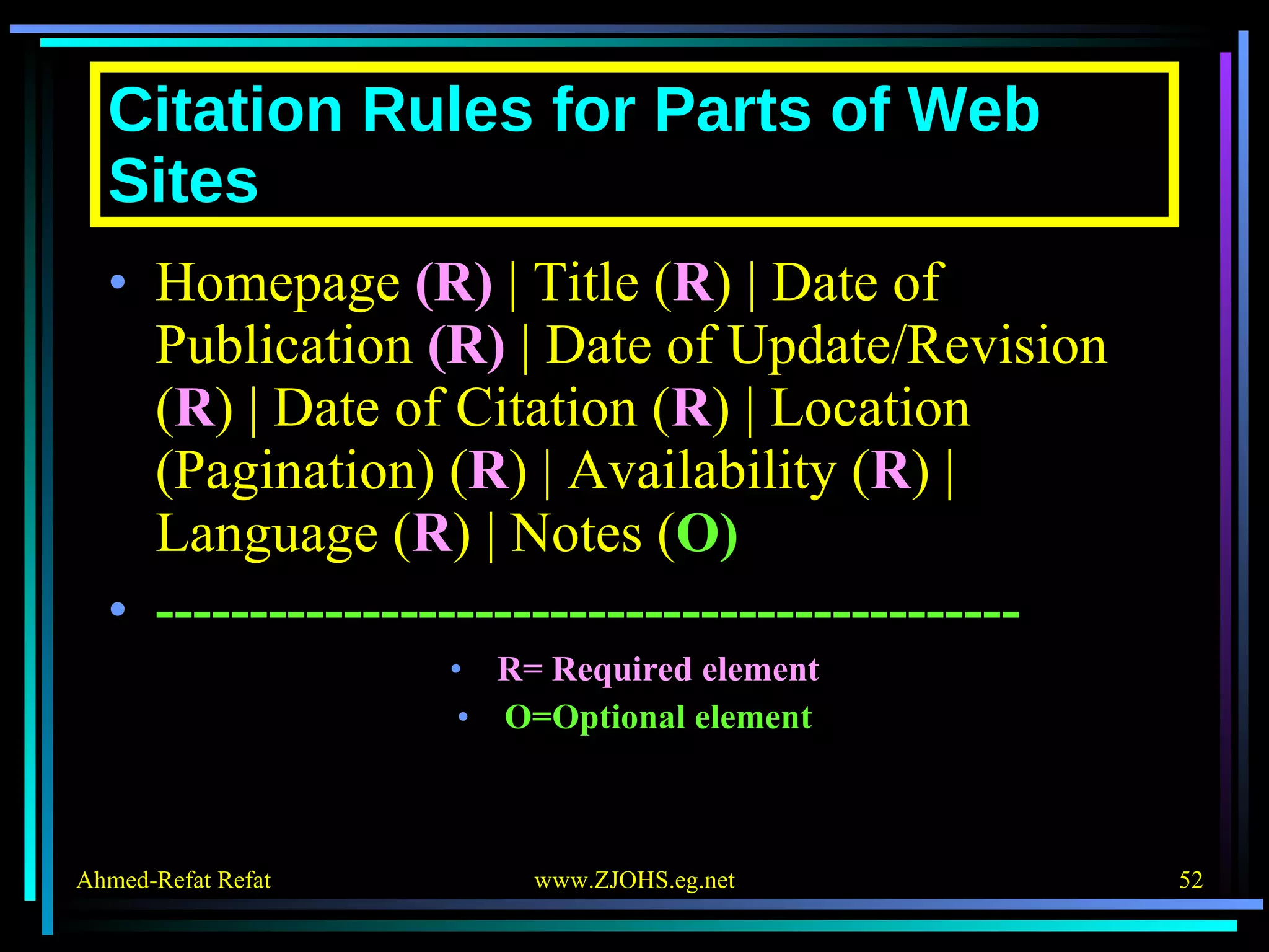 Citation Rules for Parts of Web Sites Homepage  (R)  | Title ( R ) | Date of Publication  (R)  | Date of Update/Revision ( R ) | Date of Citation ( R ) | Location (Pagination) ( R ) | Availability ( R ) | Language ( R ) | Notes ( O) ---------------------------------------------- R= Required element O=Optional element 