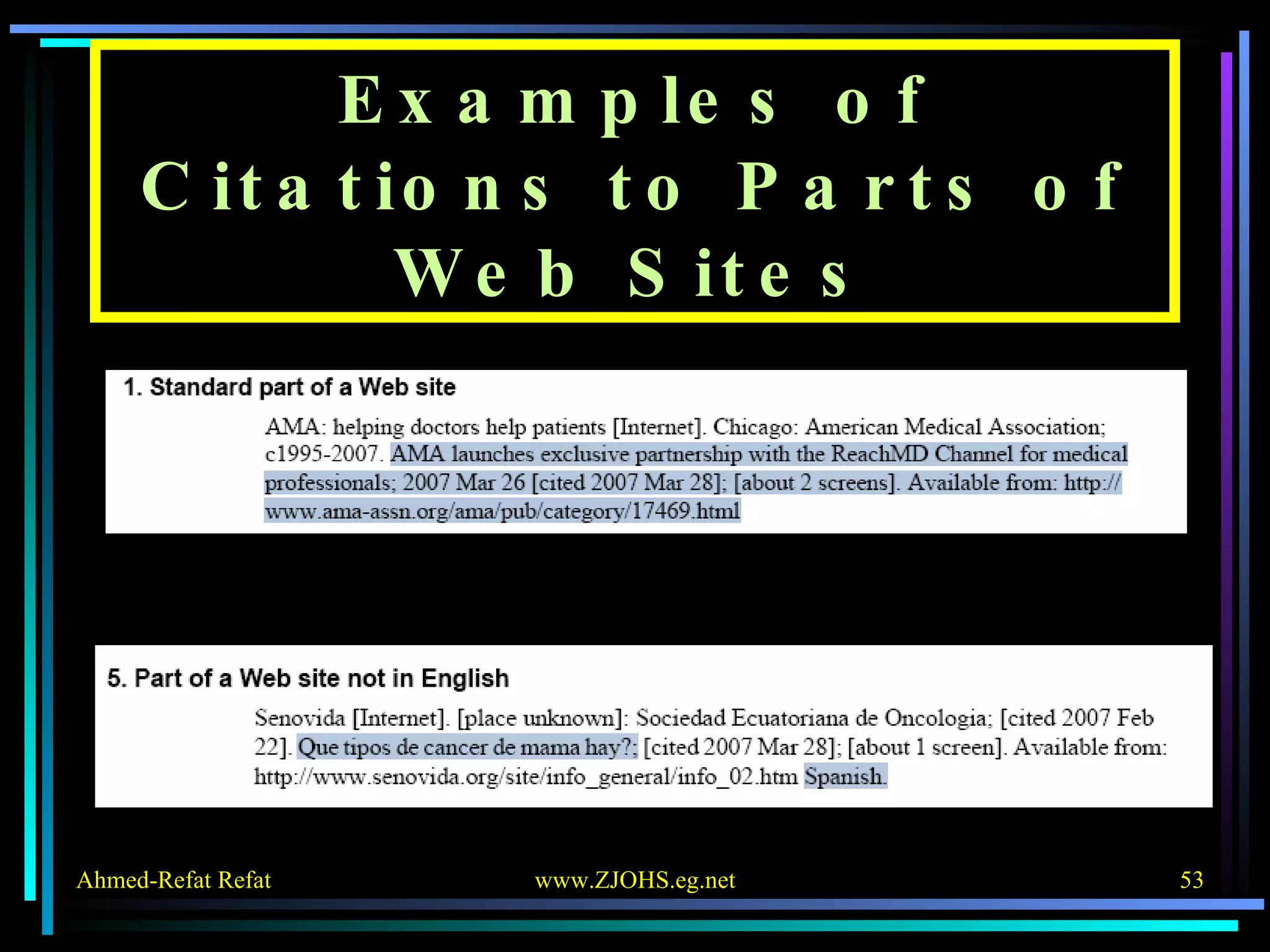 Examples of Citations to Parts of Web Sites 