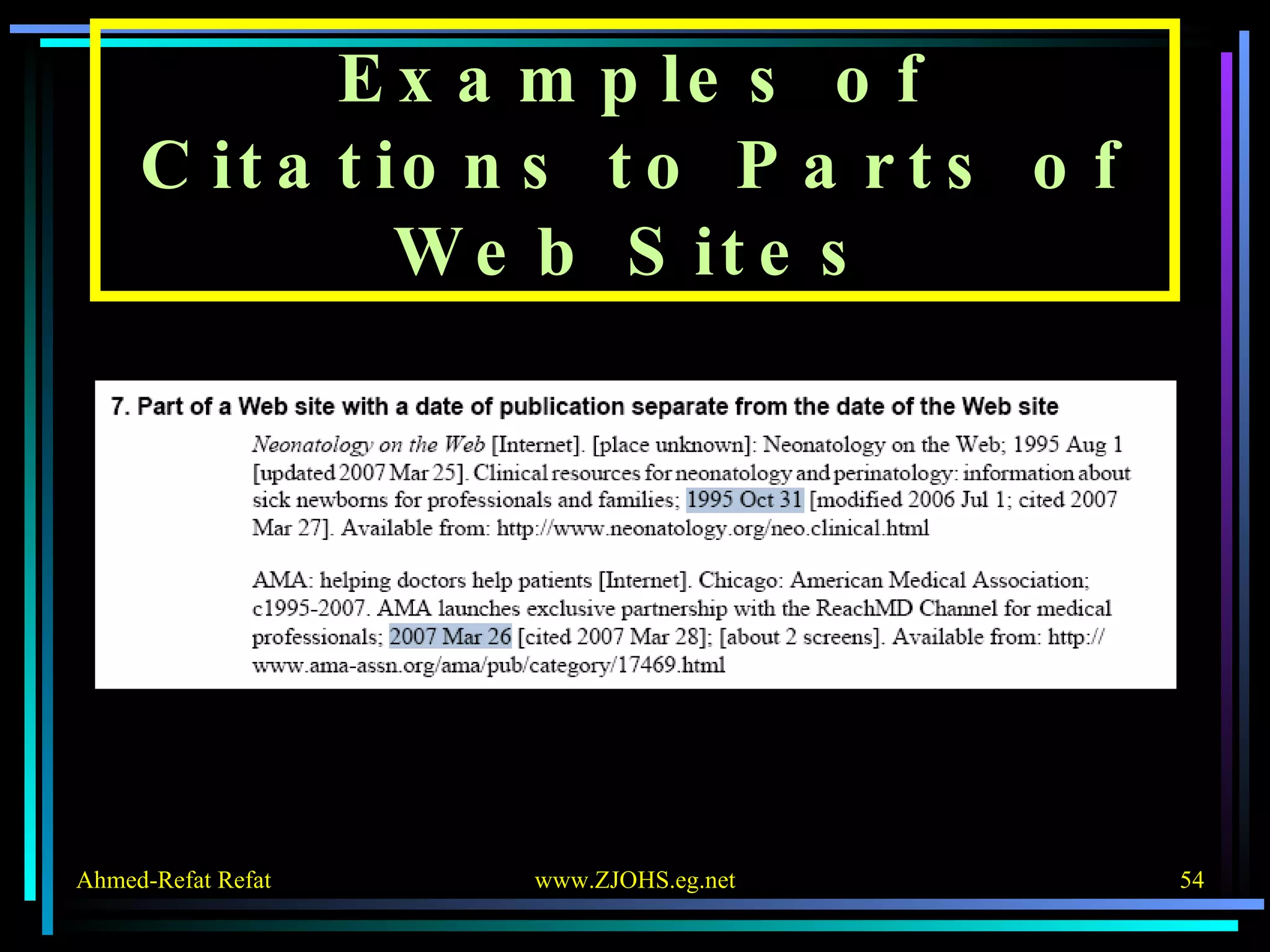 Examples of Citations to Parts of Web Sites 