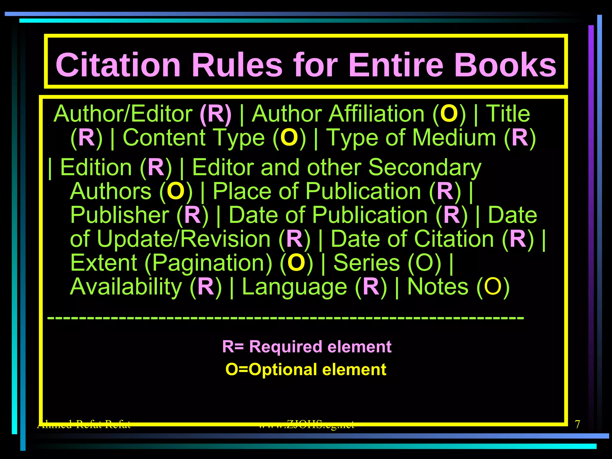 Citation Rules for Entire Books Author/Editor  (R)  | Author Affiliation ( O ) | Title ( R ) | Content Type ( O ) | Type of Medium ( R ) | Edition ( R ) | Editor and other Secondary Authors ( O ) | Place of Publication ( R ) | Publisher ( R ) | Date of Publication ( R ) | Date of Update/Revision ( R ) | Date of Citation ( R ) | Extent (Pagination) ( O ) | Series (O) | Availability ( R ) | Language ( R ) | Notes ( O ) ------------------------------------------------------------  R= Required element O=Optional element 