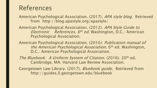 References
American Psychological Association. (2017). APA style blog. Retrieved
from http://blog.apastyle.org/apastyle/
American Psychological Association. (2012). APA Style Guide to
Electronic References. 6th ed. Washington, D.C.: American
Psychological Association.
American Psychological Association. (2010). Publication manual of
the American Psychological Association. 6th ed. Washington,
D.C.: American Psychological Association.
The Bluebook: A Uniform System of Citation. (2016). 20th ed.
Cambridge, MA: Harvard Law Review Association.
Georgetown Law Library. (2017). Bluebook guide. Retrieved from
http://guides.ll.georgetown.edu/bluebook
 