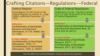 Crafting Citations—Regulations--Federal
Federal Register
Promulgation of rule found in the
Federal Register at volume 41, page
54846, published December 15,
1976.
Code of Federal Regulations
Codification of rule--found in section
22.22 of title 28 (Justice) of the Code
of Federal Regulations
How this differs from standard Bluebook: Include a name for the regulation.
In-text citation:
(Confidentiality of Identifiable
Research, 2017). OR
(Confidentiality of Identifiable
Research, 2017, §22.22[a]).
Reference:
Confidentiality of Identifiable Research
and Statistical Information Rule, 28
C.F.R. §22.22 (2017).
Reference:
Confidentiality of Identifiable
Research and Statistical
Information, 41 F.R. 54846, Dec.
15, 1976.
In-text citation:
(Confidentiality of Identifiable
Information, 1976). OR
(Confidentiality of Identifiable
Information, 1976, p. 54847).
 