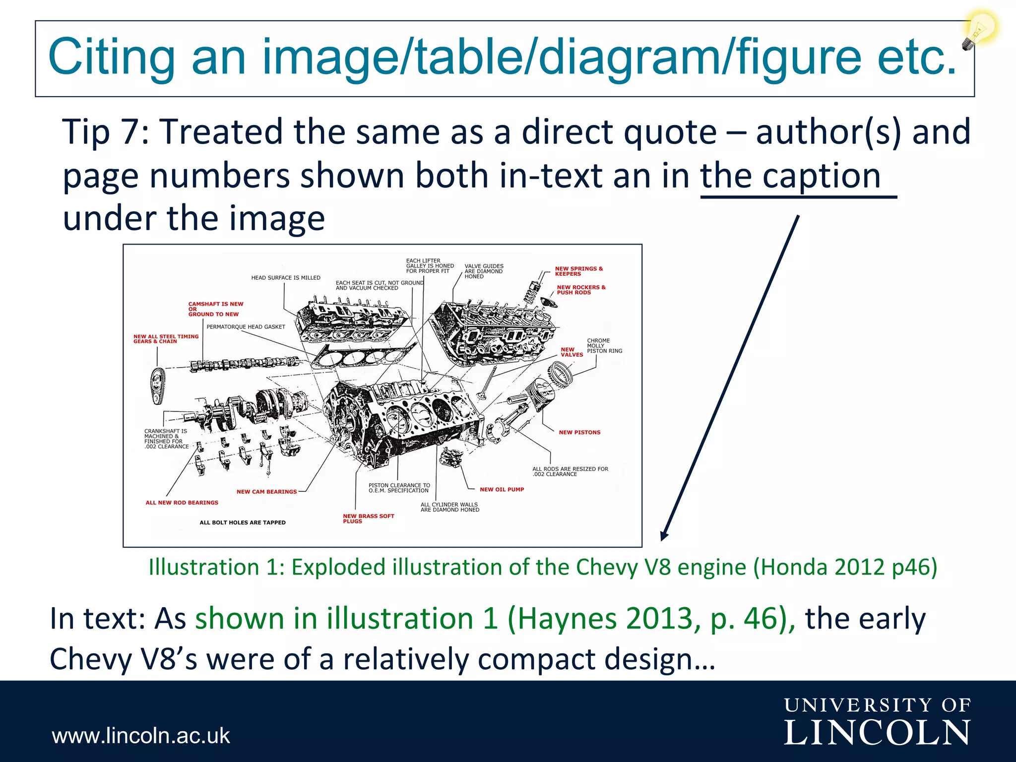 www.lincoln.ac.uk
Citing an image/table/diagram/figure etc.
Tip 7: Treated the same as a direct quote – author(s) and
page numbers shown both in-text an in the caption
under the image
Illustration 1: Exploded illustration of the Chevy V8 engine (Honda 2012 p46)
In text: As shown in illustration 1 (Haynes 2013, p. 46), the early
Chevy V8’s were of a relatively compact design…
 