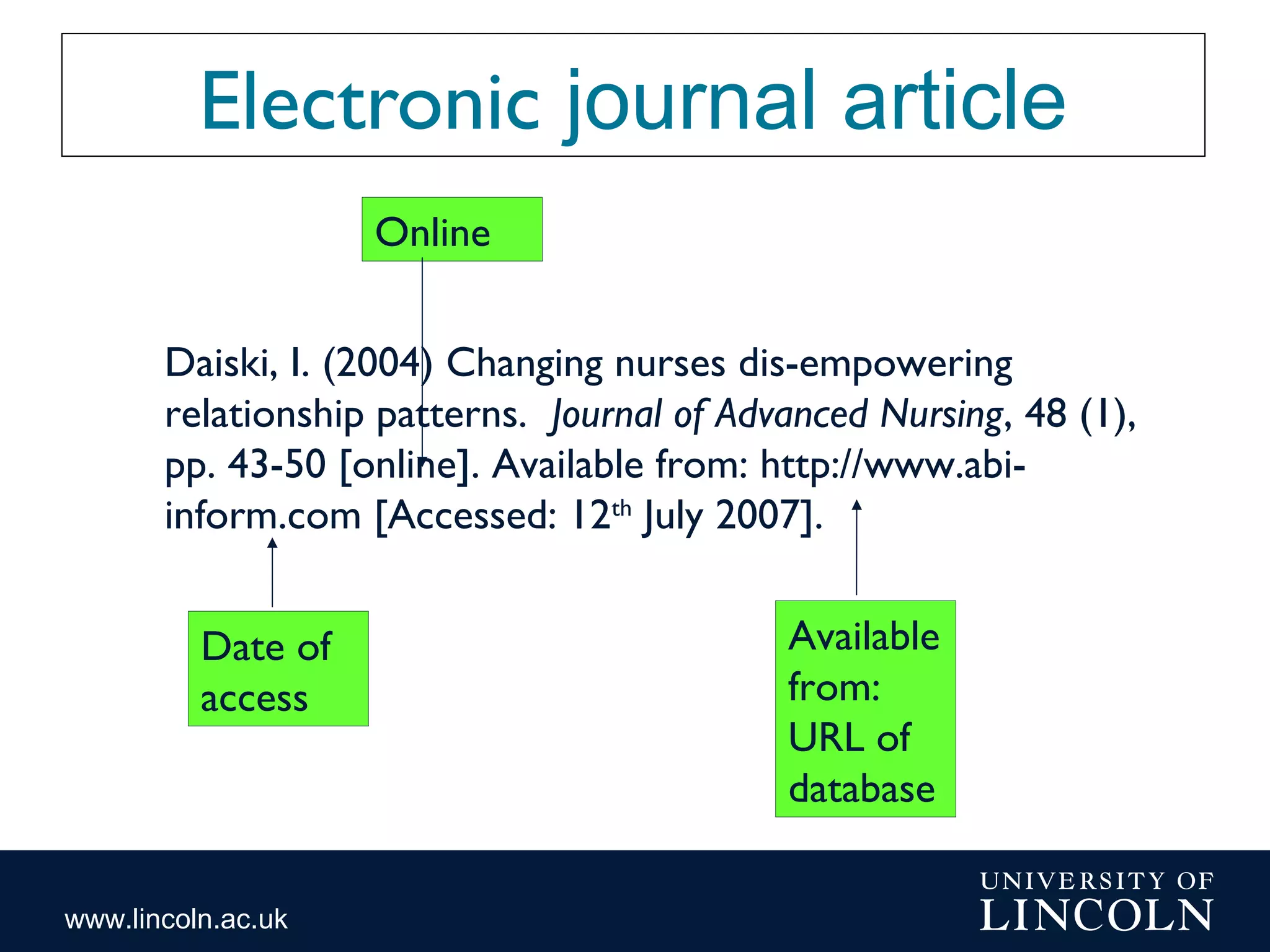 www.lincoln.ac.uk
Electronic journal article
Daiski, I. (2004) Changing nurses dis-empowering
relationship patterns. Journal of Advanced Nursing, 48 (1),
pp. 43-50 [online]. Available from: http://www.abi-
inform.com [Accessed: 12th
July 2007].
Available
from:
URL of
database
Date of
access
Online
 