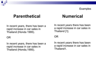 Examples Parenthetical In recent years, there has been a rapid   increase   in car sales in Thailand (Honda   1995). OR In recent years, there has been a rapid   increase   in car sales in Thailand (Honda,1995). Numerical In recent years there has been a   rapid   increase in car sales in Thailand [1]. OR In recent years there has been a   rapid   increase in car sales in Thailand 1. 