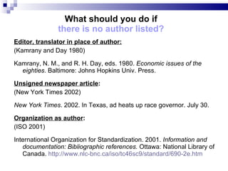 What should  you  do if  there is no author listed?   Editor, translator in place of author: (Kamrany and Day 1980) Kamrany, N. M., and R. H. Day, eds. 1980.  Economic issues of the eighties . Baltimore: Johns Hopkins Univ. Press. Unsigned  newspaper  article : (New York Times 2002) New York Times . 2002. In Texas, ad heats up race   governor.   July 30. Organization as author : (ISO 2001) International Organization for Standardization. 2001.  Information and documentation: Bibliographic references.  Ottawa: National Library of Canada.  http://www.nlc-bnc.ca/iso/tc46sc9/standard/690-2e.htm 