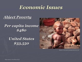 Economic Issues
Abject Poverty
Per capita income
$480
United States
$33,550
Source: www.panoramaproductions.net
Data source: www.bbc.net.uk
 
