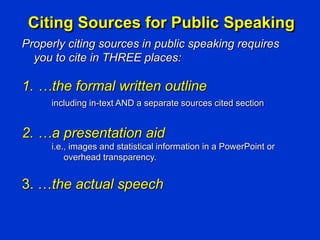 Citing Sources for Public Speaking
Properly citing sources in public speaking requires
you to cite in THREE places:
1. …the formal written outline
including in-text AND a separate sources cited section
2. …a presentation aid
i.e., images and statistical information in a PowerPoint or
overhead transparency.
3. …the actual speech
 