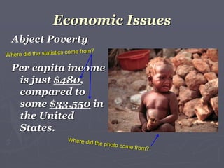 Economic Issues
Abject Poverty
Per capita income
is just $480,
compared to
some $33,550 in
the United
States.
 