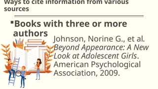 Ways to cite information from various
sources
Books with three or more
authors
Johnson, Norine G., et al.
Beyond Appearance: A New
Look at Adolescent Girls.
American Psychological
Association, 2009.
 