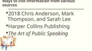 Ways to cite information from various
sources
2018 Chris Anderson, Mark
Thompson, and Sarah Lee
Harper Collins Publishing
The Art of Public Speaking
 