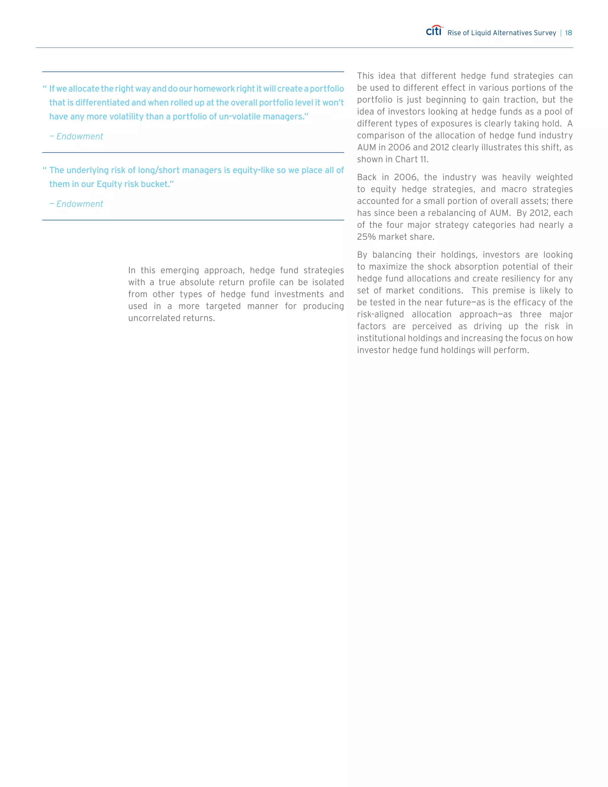 Rise of Liquid Alternatives Survey | 18
“	Ifweallocatetherightwayanddoourhomeworkrightitwillcreateaportfolio
that is differentiated and when rolled up at the overall portfolio level it won’t
have any more volatility than a portfolio of un-volatile managers.”
	 — Endowment
In this emerging approach, hedge fund strategies
with a true absolute return profile can be isolated
from other types of hedge fund investments and
used in a more targeted manner for producing
uncorrelated returns.
This idea that different hedge fund strategies can
be used to different effect in various portions of the
portfolio is just beginning to gain traction, but the
idea of investors looking at hedge funds as a pool of
different types of exposures is clearly taking hold. A
comparison of the allocation of hedge fund industry
AUM in 2006 and 2012 clearly illustrates this shift, as
shown in Chart 11.
Back in 2006, the industry was heavily weighted
to equity hedge strategies, and macro strategies
accounted for a small portion of overall assets; there
has since been a rebalancing of AUM. By 2012, each
of the four major strategy categories had nearly a
25% market share.
By balancing their holdings, investors are looking
to maximize the shock absorption potential of their
hedge fund allocations and create resiliency for any
set of market conditions. This premise is likely to
be tested in the near future—as is the efficacy of the
risk-aligned allocation approach—as three major
factors are perceived as driving up the risk in
institutional holdings and increasing the focus on how
investor hedge fund holdings will perform.
“	The underlying risk of long/short managers is equity-like so we place all of
them in our Equity risk bucket.”
	 — Endowment
 