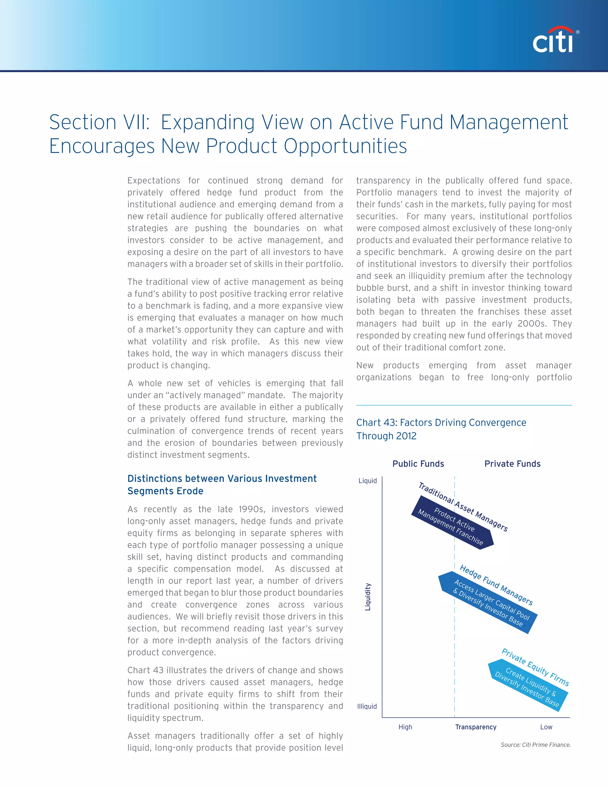 Expectations for continued strong demand for
privately offered hedge fund product from the
institutional audience and emerging demand from a
new retail audience for publically offered alternative
strategies are pushing the boundaries on what
investors consider to be active management, and
exposing a desire on the part of all investors to have
managers with a broader set of skills in their portfolio.
The traditional view of active management as being
a fund’s ability to post positive tracking error relative
to a benchmark is fading, and a more expansive view
is emerging that evaluates a manager on how much
of a market’s opportunity they can capture and with
what volatility and risk profile. As this new view
takes hold, the way in which managers discuss their
product is changing.
A whole new set of vehicles is emerging that fall
under an “actively managed” mandate. The majority
of these products are available in either a publically
or a privately offered fund structure, marking the
culmination of convergence trends of recent years
and the erosion of boundaries between previously
distinct investment segments.
Distinctions between Various Investment
Segments Erode
As recently as the late 1990s, investors viewed
long-only asset managers, hedge funds and private
equity firms as belonging in separate spheres with
each type of portfolio manager possessing a unique
skill set, having distinct products and commanding
a specific compensation model. As discussed at
length in our report last year, a number of drivers
emerged that began to blur those product boundaries
and create convergence zones across various
audiences. We will briefly revisit those drivers in this
section, but recommend reading last year’s survey
for a more in-depth analysis of the factors driving
product convergence.
Chart 43 illustrates the drivers of change and shows
how those drivers caused asset managers, hedge
funds and private equity firms to shift from their
traditional positioning within the transparency and
liquidity spectrum.
Asset managers traditionally offer a set of highly
liquid, long-only products that provide position level
transparency in the publically offered fund space.
Portfolio managers tend to invest the majority of
their funds’ cash in the markets, fully paying for most
securities. For many years, institutional portfolios
were composed almost exclusively of these long-only
products and evaluated their performance relative to
a specific benchmark. A growing desire on the part
of institutional investors to diversify their portfolios
and seek an illiquidity premium after the technology
bubble burst, and a shift in investor thinking toward
isolating beta with passive investment products,
both began to threaten the franchises these asset
managers had built up in the early 2000s. They
responded by creating new fund offerings that moved
out of their traditional comfort zone.
New products emerging from asset manager
organizations began to free long-only portfolio
Section VII: Expanding View on Active Fund Management
Encourages New Product Opportunities
Chart 43
Source: Citi Prime Finance.
Factors Driving Convergence Through 2012
High Transparency Low
Liquidity
Illiquid
Liquid
Public Funds Private Funds
Access Larger Capital Pool
 Diversify Investor Base
Hedge Fund Managers
Create Liquidity 
Diversify Investor Base
Private Equity Firms
Traditional Asset Managers
Protect Active
Management Franchise
Chart 43: Factors Driving Convergence
Through 2012
 