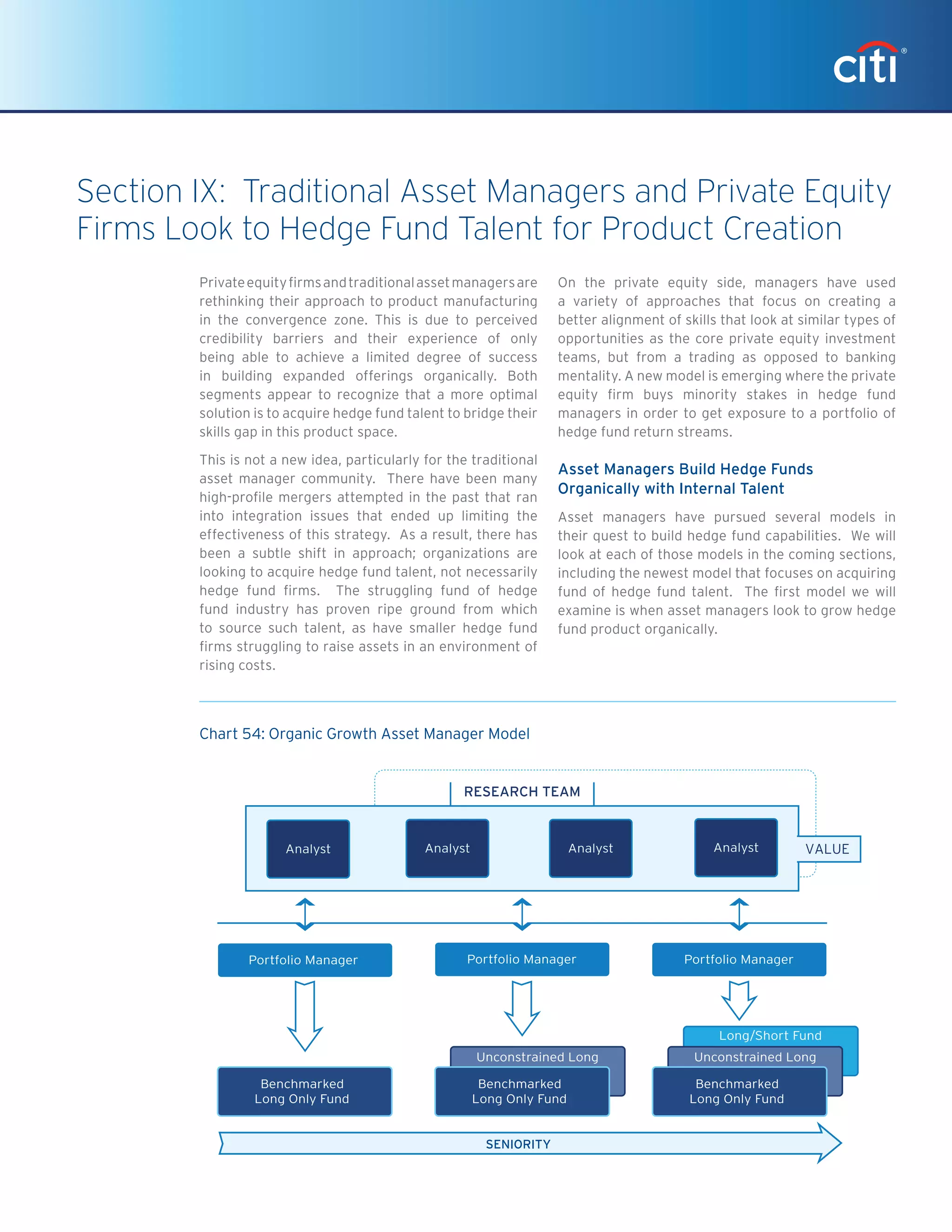 Privateequityfirmsandtraditionalassetmanagersare
rethinking their approach to product manufacturing
in the convergence zone. This is due to perceived
credibility barriers and their experience of only
being able to achieve a limited degree of success
in building expanded offerings organically. Both
segments appear to recognize that a more optimal
solution is to acquire hedge fund talent to bridge their
skills gap in this product space.
This is not a new idea, particularly for the traditional
asset manager community. There have been many
high-profile mergers attempted in the past that ran
into integration issues that ended up limiting the
effectiveness of this strategy. As a result, there has
been a subtle shift in approach; organizations are
looking to acquire hedge fund talent, not necessarily
hedge fund firms. The struggling fund of hedge
fund industry has proven ripe ground from which
to source such talent, as have smaller hedge fund
firms struggling to raise assets in an environment of
rising costs.
On the private equity side, managers have used
a variety of approaches that focus on creating a
better alignment of skills that look at similar types of
opportunities as the core private equity investment
teams, but from a trading as opposed to banking
mentality. A new model is emerging where the private
equity firm buys minority stakes in hedge fund
managers in order to get exposure to a portfolio of
hedge fund return streams.
Asset Managers Build Hedge Funds
Organically with Internal Talent
Asset managers have pursued several models in
their quest to build hedge fund capabilities. We will
look at each of those models in the coming sections,
including the newest model that focuses on acquiring
fund of hedge fund talent. The first model we will
examine is when asset managers look to grow hedge
fund product organically.
Section IX: Traditional Asset Managers and Private Equity
Firms Look to Hedge Fund Talent for Product Creation
CHART 54 Organic Growth Asset Manager Model
Unconstrained Long Unconstrained Long
Long/Short Fund
Benchmarked
Long Only Fund
Benchmarked
Long Only Fund
Benchmarked
Long Only Fund
RESEARCH TEAM
AnalystAnalystAnalystAnalyst
Portfolio Manager Portfolio Manager Portfolio Manager
VALUE
SENIORITY
Chart 54: Organic Growth Asset Manager Model
 