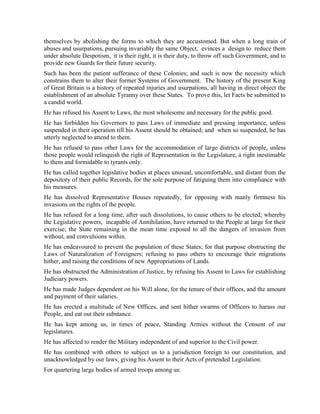 themselves by abolishing the forms to which they are accustomed. But when a long train of
abuses and usurpations, pursuing invariably the same Object, evinces a design to reduce them
under absolute Despotism, it is their right, it is their duty, to throw off such Government, and to
provide new Guards for their future security.
Such has been the patient sufferance of these Colonies; and such is now the necessity which
constrains them to alter their former Systems of Government. The history of the present King
of Great Britain is a history of repeated injuries and usurpations, all having in direct object the
establishment of an absolute Tyranny over these States. To prove this, let Facts be submitted to
a candid world.
He has refused his Assent to Laws, the most wholesome and necessary for the public good.
He has forbidden his Governors to pass Laws of immediate and pressing importance, unless
suspended in their operation till his Assent should be obtained; and when so suspended, he has
utterly neglected to attend to them.
He has refused to pass other Laws for the accommodation of large districts of people, unless
those people would relinquish the right of Representation in the Legislature, a right inestimable
to them and formidable to tyrants only.
He has called together legislative bodies at places unusual, uncomfortable, and distant from the
depository of their public Records, for the sole purpose of fatiguing them into compliance with
his measures.
He has dissolved Representative Houses repeatedly, for opposing with manly firmness his
invasions on the rights of the people.
He has refused for a long time, after such dissolutions, to cause others to be elected; whereby
the Legislative powers, incapable of Annihilation, have returned to the People at large for their
exercise; the State remaining in the mean time exposed to all the dangers of invasion from
without, and convulsions within.
He has endeavoured to prevent the population of these States; for that purpose obstructing the
Laws of Naturalization of Foreigners; refusing to pass others to encourage their migrations
hither, and raising the conditions of new Appropriations of Lands.
He has obstructed the Administration of Justice, by refusing his Assent to Laws for establishing
Judiciary powers.
He has made Judges dependent on his Will alone, for the tenure of their offices, and the amount
and payment of their salaries.
He has erected a multitude of New Offices, and sent hither swarms of Officers to harass our
People, and eat out their substance.
He has kept among us, in times of peace, Standing Armies without the Consent of our
legislatures.
He has affected to render the Military independent of and superior to the Civil power.
He has combined with others to subject us to a jurisdiction foreign to our constitution, and
unacknowledged by our laws; giving his Assent to their Acts of pretended Legislation:
For quartering large bodies of armed troops among us:
 