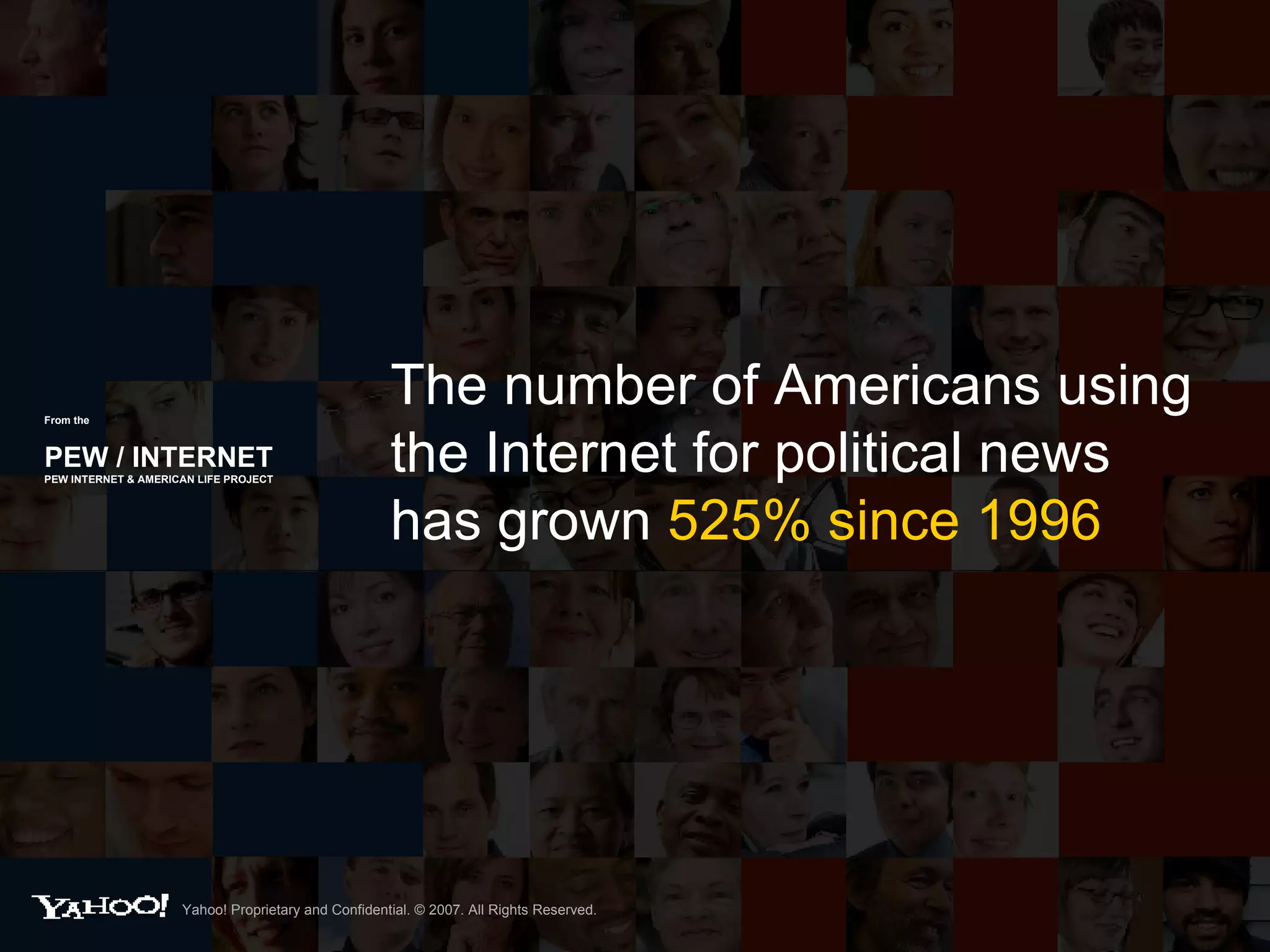 From the   PEW / INTERNET PEW INTERNET & AMERICAN LIFE PROJECT The number of Americans using the Internet for political news has grown  525% since 1996 Yahoo! Proprietary and Confidential. © 2007. All Rights Reserved. 