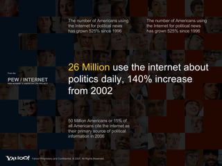 From the PEW / INTERNET PEW INTERNET & AMERICAN LIFE PROJECT The number of Americans using the Internet for political news has grown 525% since 1996 26 Million  use the internet about politics daily, 140% increase from 2002 The number of Americans using the Internet for political news has grown 525% since 1996 50 Million Americans or 15% of all Americans cite the internet as their primary source of political information in 2006 Yahoo! Proprietary and Confidential. © 2007. All Rights Reserved. 