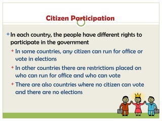 Citizen Participation In each country, the people have different rights to participate in the government In some countries, any citizen can run for office or vote in elections In other countries there are restrictions placed on who can run for office and who can vote There are also countries where no citizen can vote and there are no elections 