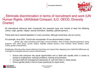   _  Eliminate discrimination in terms of recruitment and work (UN Human Rights, UN/Global Compact, ILO, OECD, Diversity Charter)    All international reference texts incorporate this essential issue and include at least the following criteria: origin, gender, religion, sexual orientation, disability, political opinions…   These texts have inspired legislation in many countries, although actual laws vary by country.    For example, since 2001, French law incorporates 18 non-discrimination criteria: gender, age, origin (including social origin), sexual orientation, state of health, physical appearance, being pregnant, race, ethnic group, country, religion, disability, political opinions, union activities, family situation, name, morals, genetic characteristics.   Developing a Diversity policy means adhering to local laws and, beyond that, displaying one’s belief that differences are a strength for companies and are a source of performance.    Ensure that everyone has equal opportunities and is dealt with equally when it comes to access to employment, working conditions, training and promotion Increase staff and management awareness of, and train them in, these issues  Ensure gender parity in terms of pay (equal pay for equal work).  THE VARIOUS PRINCIPLES 
