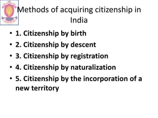 Methods of acquiring citizenship in
India
• 1. Citizenship by birth
• 2. Citizenship by descent
• 3. Citizenship by registration
• 4. Citizenship by naturalization
• 5. Citizenship by the incorporation of a
new territory
 