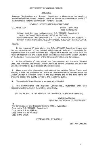1
GOVERNMENT OF ANDHRA PRADESH
ABSTRACT
Revenue (Registration and Stamps) Department – Governance for results -
Implementation of revised Citizens Charter as per the recommendation of the 2nd
Administrative Reforms Commission – Orders – Issued.
REVENUE (REGISTRATION.I) DEPARTMENT
G.O.Rt.No.1094 Dated 12.07.2013
Read the following:
1) From Joint Secretary to Government, G.A.(GPM&AR) Department,
D.O.Lr.No.36447/GA(GPM&AR)/2003-9, dt.07/05/2011.
2) Govt.Memo.No.19497/Regn.I/A2/2011-1, dt.24/05/2011 and 17/1/2012.
3) From the C&I.G.(R&S) Lr.No.G1/8056/2011, dt.13/4/2012 and 3/4/2013.
……
ORDER:
In the reference 1st
read above, the G.A. (GPM&AR) Department have sent
the recommendations of the Second Administrative Reforms Commission for
implementation of Citizens Charters and requested to review the status with the
Heads of Departments and initiate action to update and revise the Citizen Charters
on the basis of recommendation of the Administrative Reforms Commission.
2. In the reference 3rd
read above, the Commissioner and Inspector General
(R&S) has furnished the revised Citizen Charter as per the Guidelines of Centre for
Good Governance for quick disposal of public services.
3. Government after thorough examination of the existing Citizen Charter and
keeping in view the guidelines of Centre for Good Governance, hereby revise the
Citizen Charter in different layers of the department and fix the time limits for
providing speedy and quality service to the registering public.
4. The revised Citizen Charter is annexed with this G.O.
5. The Commissioner and Inspector General(R&S), Hyderabad shall take
necessary further action in the matter, accordingly.
(BY ORDER AND IN THE NAME OF THE GOVERNOR OF ANDHRA PRADESH)
VINOD K.AGRAWAL
PRINCIPAL SECRETARY TO GOVERNMENT
To
The Commissioner and Inspector General (R&S), Hyderabad.
Copy to the G.A.(GPM&AR) Department.
Copy to the P.S. to M(R&S),
Copy to the P.S. to Prl.Secy.,
Copy to the SF/SC
//FORWARDED::BY ORDER//
SECTION OFFICER
 