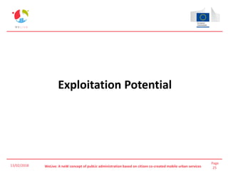 Page
25WeLive: A neW concept of pubLic administration based on citizen co-created mobile urban services
Exploitation Potential
13/02/2018
 