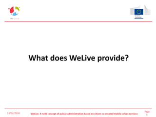 Page
5WeLive: A neW concept of pubLic administration based on citizen co-created mobile urban services
What does WeLive provide?
13/02/2018
 