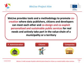 Page
6WeLive: A neW concept of pubLic administration based on citizen co-created mobile urban services
WeLive Project Aim
13/02/2018
WeLive provides tools and a methodology to promote co-
creation where data publishers, citizens and developers
can meet each other and co-design and co-exploit
personalized and sustainable public services for real
needs and actively take part in the value-chain of a
municipality or a territory
Citizens CompaniesP. Administration
 
