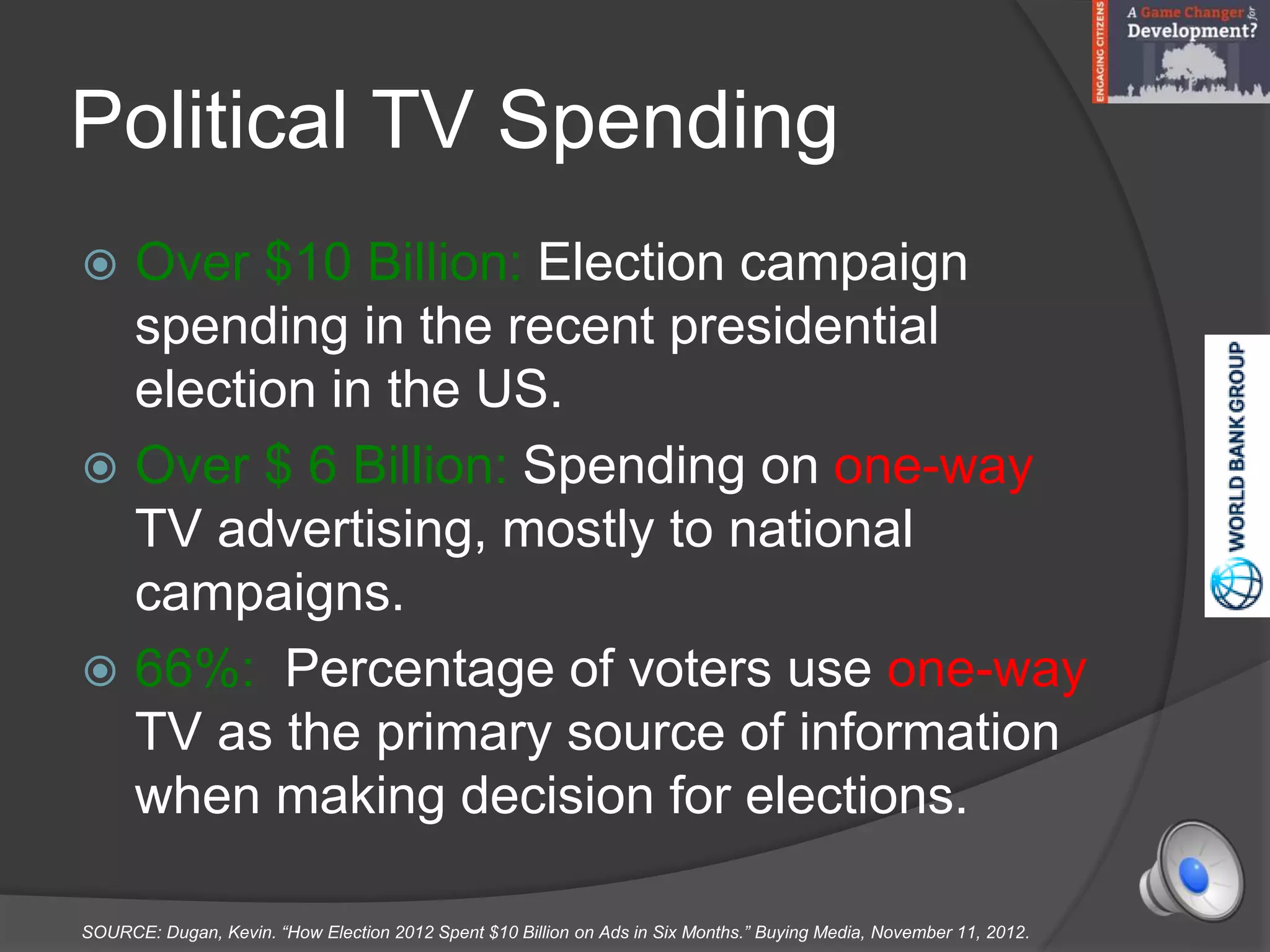 Political TV Spending
 Over $10 Billion: Election campaign
spending in the recent presidential
election in the US.
 Over $ 6 Billion: Spending on one-way
TV advertising, mostly to national
campaigns.
 66%: Percentage of voters use one-way
TV as the primary source of information
when making decision for elections.
SOURCE: Dugan, Kevin. “How Election 2012 Spent $10 Billion on Ads in Six Months.” Buying Media, November 11, 2012.
 