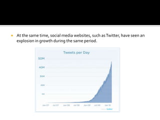    At the same time, social media websites, such as Twitter, have seen an
    explosion in growth during the same period.
 