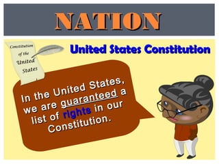 NATIONNATION
United States ConstitutionUnited States Constitution
In the United States,
In the United States,
we arewe are guaranteed
guaranteed aa
list oflist of rightsrights in ourin our
Constitution.
Constitution.
 