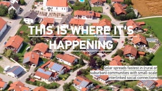 Solar spreads fastest in (rural or
suburban) communities with small-scale
interlinked social connections
This is Where it‘s
Happening
 