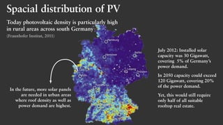 Berlin
Hamburg
Köln
Frankfurt
Stuttgart
München
Leipzig
Hannover
Dresden
Spacial distribution of PV
Today photovoltaic density is particularly high
in rural areas across south Germany
(Fraunhofer Institut, 2011)
July 2012: Installed solar
capacity was 30 Gigawatt,
covering 5% of Germany’s
power demand.
In 2050 capacity could exceed
120 Gigawatt, covering 20%
of the power demand.
Yet, this would still require
only half of all suitable
rooftop real estate.
In the future, more solar panels
are needed in urban areas
where roof density as well as
power demand are highest.
 