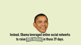 Instead, Obama leveraged online social networks
     to raise $55 million in those 29 days.
 