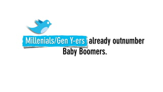 Millenials/Gen Y-ers already outnumber
            Baby Boomers.
 