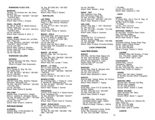 ROBINSONS PLACE OTIS
MARIKINA
Tai Bldg., Gil Fernando Ave., Sta. Elena,
Marikina City
Tel. Nos. 645-7667 * 645-8901 * 681-6261
* 645-4070 (BH)
Fax No. 645-5210
Branch Head: Emma J. Enriquez
PASIG - PALATIW
No. 268 M. Suarez St. (Market Avenue),
Palatiw, Pasig City
Tel. Nos. 641-7810 * 641-4410 * 643-6310
* 643-8610 (BH)
Fax No. 642-6610
Branch Head: Felizardo B. Minor, Jr.
PASIG - SHAW
Chipeco Building, Meralco Ave. cor.Shaw
Blvd., Pasig City
Tel. Nos. 635-6243 * 635-5978 * 635-3829
* 635-5977 * 638-4775 (BH)
Fax No. 634-7283
Branch Head: Cynthia O. Barcelon
Division Head: AVP Josie G. Magana
Tel. No. 636-7759
Fax No. 638-2166
ROBINSONS GALLERIA
PATEROS
Pateros Municipal Hall Bldg., Pateros
Tel. No. 641-5342
Officer-in-Charge: Ellen Bustamante

Tel. Nos. 807-2608 (BH) * 807-2607
* 807-0600
Fax No. 807-2604
Branch Head: Leticia G. Barbers
MUNTINLUPA
LAS PIÑAS
Rubetan Bldg., Philamlife Commercial
Plaza, C.V. Starr Avenue, Pamplona,
Las Piñas City
Tel. Nos. 871-3171 (BH) * 872-2573
* 874-4744
Fax No. 874-2480
Branch Head: Amalia N. Tolentino
MAKATI - AYALA
SSS Makati Bldg., 6782 Ayala Avenue
corner V.A. Rufino St., Makati City
Tel. Nos. 813-3212 * 813-7801 (BH)
* 840-1633 * 830-0197
Fax No. 840-3738
Branch Head: Ma. Rita S. Aguja
Division Head: AVP Consolacion M. Cancio
DL: 553-3432
Telefax: 553-3443

MAKATI - J.P. RIZAL
557 J.P. Rizal corner Sta. Lucia Sts.,
Brgy. Olympia, Makati City
Tel. Nos. 897-4601 * 899-3092 * 899-8755
* 899-2916
Fax No. 899-2213
Officer-in-Charge: Dr. Ma. Aleli A. Cruz

VALENZUELA
288 Rich Tower Bldg., McArthur Highway,
Karuhatan, Valenzuela City
Tel. Nos.: 292-4378 * 292-4243 * 292-4225
* 291-0461 (BH)
Fax No. 292-4283
Branch Head: Avelina M. Bautista

MANDALUYONG
No. 6 Gomega Bldg., J. Tiosejo St., corner
P. Martinez St., Mandaluyong City
Tel. Nos. 531-6461 * 534-1445 * 534-1446
Fax No. 533-9533
Branch Head: Teresita V. Soliman

NCR South Division
ALABANG
Estrellita Bldg., # 236 Montillano St.,
Alabang, Muntinlupa City

PASAY - TAFT
ERL Investment Corp. Bldg.,
2532 Taft Avenue, Pasay City
Tel. Nos. 551-7645 * 552-9311
Fax No. 834-0116 * 659-1905 * 832-2103
Branch Head: Rhodora G. Bonita

AGOO
LAOAG
RT Bueno Bldg., Don E. Ruiz St., Brgy. 18,
Laoag City, Ilocos Norte
Tel. Nos. (077) 771-5305 * 771-4414
* 772-0949
Fax No.: (077) 770-3113
Branch Head: Nancy M. Umoso

SAN JUAN
Glialcon Villas Bldg. 1, 128 F. Blumentritt
St., San Juan City
Tel. Nos. 721-5195 * 724-0684 * 721-5184
Fax No. 721-2686
Branch Head: Liberty A. Gordovez

SANTIAGO, ISABELA
De Vera Bldg., Provincial Road, Centro
East, Santiago, Isabela
Telefax No. (078) 305-0498
Branch Head: Romeo E. Reyes

TAGUIG
Lot 52 DBP Ave., FTI Compound,
Western Bicutan, Taguig
Tel. Nos. 828-3009 * 556-3822 * 556-3686
Fax No. 828-3008
Branch Head: Fe Marie Fernandez-Geraldo

SOLANO
Guevardan Building, Burgos Street, Brgy.
Quezon, Solano, Nueva Vizcaya
Tel. No. (078) 326-7325
Fax No. (078) 326-6934
Officer-in-Charge: Paulina G. Santos

LUZON OPERATIONS
Luzon North Division

MAKATI - GIL PUYAT
355 ECC Bldg., Sen. Gil Puyat Ave.,
Makati City
Tel. Nos. 890-1636 * 896-8535 * 890-4762
* 896-4706 * 896-7134
Fax No. 890-4776
Branch Head: Ma. Lourdes T. Flores

SAN MATEO
#15 P. Burgos St., Brgy. Sta. Ana,
San Mateo, Rizal
Tel. Nos. 997-6237 * 997-6615 * 997-6461
Fax No. 298-0593
Branch Head: Zara M. Dizon

WELCOME
España Tower Condominium, España
Blvd.cor. Josefina St., Sampaloc, Manila
Tel. Nos. 781-0050 * 781- 0053 * 781-0054
* 781-0042 * 711-0600 (BH)
Fax No. 749-1149
Branch Head: Amelia A. Guillermo

* 700-5668
Fax No. (072) 242-5813
Branch Head: Josephine C. Abril

Fax No. 556-0993
Branch Head: Teresita L. Araos

PARAÑAQUE
Unit B,C, D & E 8449 Dr. A. Santos Avenue,
Sucat, Parañaque City
Tel. Nos. 825-0270 * 825-0898 * 825-0077
(BH) * 828-2035
Fax No. 825-0184
Branch Head: Cristine Grace B. Francisco
PASAY - ROXAS BLVD.
HK Sun Plaza, SSS-FCA Property, 8001,
Financial Center, Roxas Boulevard,
Pasay City
Tel. Nos. BH: 556-1556 * 556-0992 * 5560995 * 556-1554
96

LAGAWE
NERBAC Office, ABC Building, J.P. Rizal
Ave., Pob West, Lagawe, Ifugao
Account Officer: Saji G. Laud

BAGUIO
SSS Bldg., Harrison Road, Baguio City
Tel. Nos. (074) 442-8073 * 442-3705
Fax Nos. (074) 444-2929 * 446-5903
Branch Head: Benjamin R. Lopez
Division Head: AVP Luis Olais
(074) 447-0362

TUGUEGARAO
Cedenio Bldg., Luna St.,
Tuguegarao, Cagayan
Tel. No. (078) 844-2108
Fax Nos. (078) 846-2754 * 844-1512
Branch Head: Porfirio M. Balatico

BANGUED
Seares Bldg., Rizal St., Bangued, Abra
Tel. Nos. (074) 752-7476
Fax No. (074) 752-8170
Branch Head: Benedicta B. Garcia
BONTOC
Kiat-Ong Bldg., Subang, Bontoc, Mt. Province
Tel. No. (074) 602-1280
Branch Head: Abelardo C. Yogyog
CAUAYAN
Bucag Bldg., corner FLD & Canciller Sts.,
Cauayan Isabela
Tel. Nos. (078) 652-1215 * 652-2083
Fax Nos. (078) 652-1215
Branch Head: Estrella R. Aragon

APARRI
Aparri Town Hall, Aparri, Cagayan
Sr. Member Services Officer: Evangeline
Almazan
SANCHEZ, MIRA
Sanchez Mira, Municipal Hall Bldg.,
Sanchez Mira, Cagayan
Tel. No. (078) 822-9219
Account Officer: Janette V. Guillen
TABUK, KALINGA
Tabuk Municipal Hall, Tabuk,
Kalinga Apayao
Account Officer: Marlon T. Lagundi

ILAGAN
N.S. Binag Bldg., National Road,
Camalagui Second, Ilagan, Isabela
Tel. No. (078) 624-1409
Officer-in-Charge: Filipinas L. Cafirma

VIGAN
Chan Bldg., Bonifacio cor. Sikatuna Sts.,
Vigan, Ilocos Sur
Tel. No. (077) 722-2686
Fax No. (077) 722-2360
Branch Head: Janet D. Canillas

LA UNION
SSS Bldg., Government Center, Sevilla
Center, San Fernando, La Union
Tel. Nos. (072) 242-5668 * 242-5812

CANDON
97

 