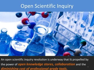 Open Scientific Inquiry
An open scientific inquiry revolution is underway that is propelled by
the power of open knowledge stores, collaboration and the
diminishing cost of professional grade tools.
3
 