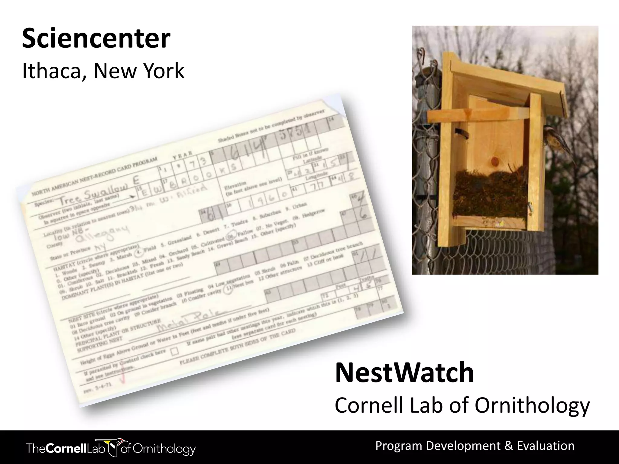 Sciencenter
Ithaca, New York




                   NestWatch
                   Cornell Lab of Ornithology
                       Program Development & Evaluation
 