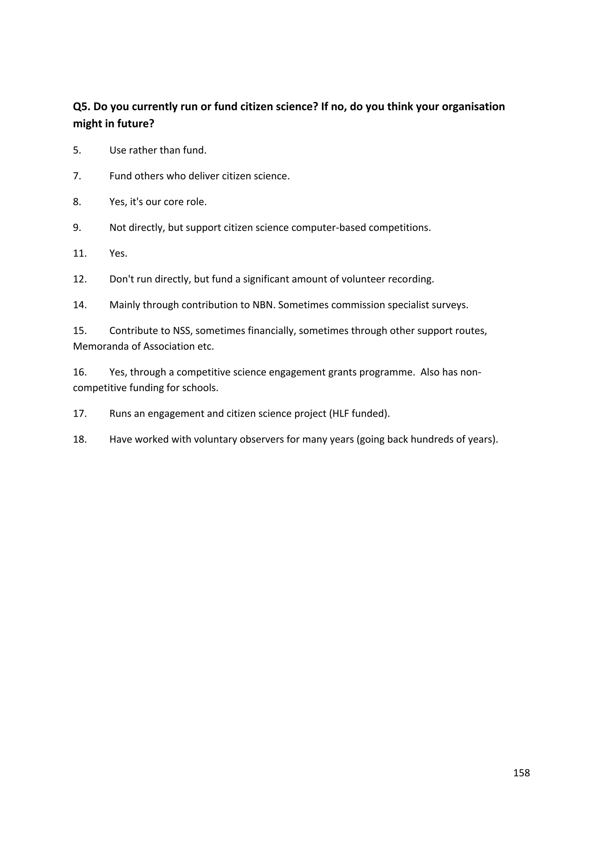 158
Q5. Do you currently run or fund citizen science? If no, do you think your organisation
might in future?
5. Use rather than fund.
7. Fund others who deliver citizen science.
8. Yes, it's our core role.
9. Not directly, but support citizen science computer-based competitions.
11. Yes.
12. Don't run directly, but fund a significant amount of volunteer recording.
14. Mainly through contribution to NBN. Sometimes commission specialist surveys.
15. Contribute to NSS, sometimes financially, sometimes through other support routes,
Memoranda of Association etc.
16. Yes, through a competitive science engagement grants programme. Also has non-
competitive funding for schools.
17. Runs an engagement and citizen science project (HLF funded).
18. Have worked with voluntary observers for many years (going back hundreds of years).
 