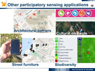 10Other participatory sensing applications
Architectural barriersArchitectural barriers
Cultural elementsCultural elements
Street furnitureStreet furniture BiodiversityBiodiversity
 