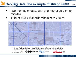 25Geo Big Data: the example of Milano GRID
●
Two months of data, with a temporal step of 10
minutes
●
Grid of 100 x 100 cells with size = 235 m
https://dandelion.eu/datamine/open-big-data/
 