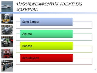 UNSUR PEMBENTUK IDENTITAS
NASIONAL

  Suku Bangsa


  Agama


  Bahasa


  Kebudayaan


                            8
 