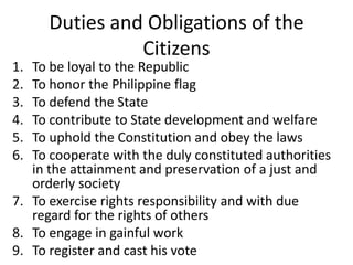 Duties and Obligations of the
Citizens
1. To be loyal to the Republic
2. To honor the Philippine flag
3. To defend the State
4. To contribute to State development and welfare
5. To uphold the Constitution and obey the laws
6. To cooperate with the duly constituted authorities
in the attainment and preservation of a just and
orderly society
7. To exercise rights responsibility and with due
regard for the rights of others
8. To engage in gainful work
9. To register and cast his vote
 