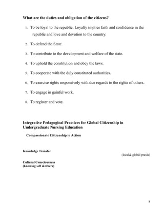 What are the duties and obligation of the citizens?
1. To be loyal to the republic. Loyalty implies faith and confidence in the
republic and love and devotion to the country.
2. To defend the State.
3. To contribute to the development and welfare of the state.
4. To uphold the constitution and obey the laws.
5. To cooperate with the duly constituted authorities.
6. To exercise rights responsively with due regards to the rights of others.
7. To engage in gainful work.
8. To register and vote.
Integrative Pedagogical Practices for Global Citizenship in
Undergraduate Nursing Education
Compassionate Citizenship in Action
Knowledge Transfer
(local& global praxis)
Cultural Consciousness
(knowing self &others)
8
 