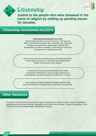 Citizenship Amendment Act,2019
Citizenship (Amendment) Act, 2019
As the implementation comes into force on 10th January
2020, it will benefit the Hindu, Sikh, Buddhist, Jain, Parsi and
Christian immigrants from Afghanistan, Pakistan and
Bangladesh who were compelled to take refuge in India due
to harassment on religious grounds.
The power of the Central Government to register someone as a citizen of India or issue a certificate of
Nationality under Article 6 has been delegated to 29 Districts and 9 states, in case of any person of the
minority community of Afghanistan, Bangladesh, Pakistan.
Citizenship
Citizenship
Justice to the people who were harassed in the
name of religion by settling up pending issues
for decades.
Other Decisions
62
And to those who have entered India by 31st December 2014,
without valid documents or with valid documents but the
validity of those period has expired.
In respect of all the 6 abovementioned communities,
irrespective of their date of entry in India, the period of
nationalization has been reduced to 6 years from 12 years.
Any pending proceeding related to illegal migration shall
stand terminated on the granting of citizenship to such people.
From Aspiration
to
Accomplishment
years