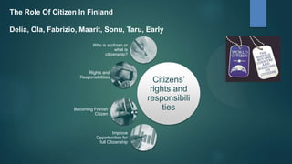 The Role Of Citizen In Finland
Delia, Ola, Fabrizio, Maarit, Sonu, Taru, Early
Citizens’
rights and
responsibili
ties
Who is a citizen or
what is
citizenship?
Rights and
Responsibilities
Becoming Finnish
Citizen
Improve
Opportunities for
full Citizenship
 