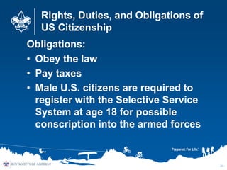 Rights, Duties, and Obligations of
US Citizenship
Obligations:
• Obey the law
• Pay taxes
• Male U.S. citizens are require...