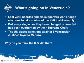 What’s going on in Venezuela?
• Last year, Capriles and his supporters won enough
elections to take control of the Nationa...