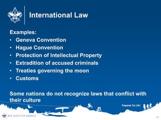 International Law
Examples:
• Geneva Convention
• Hague Convention
• Protection of Intellectual Property
• Extradition of ...